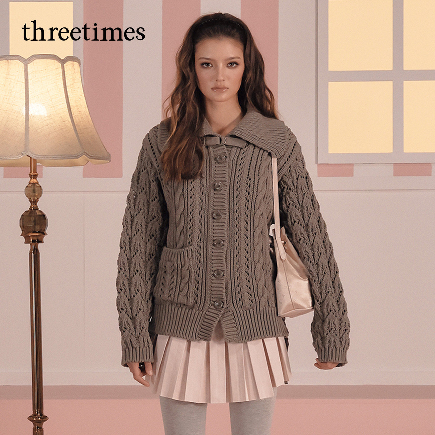 threetimes春季新款麻花翻领针织开衫外套2026韩系洋气毛衣女上衣