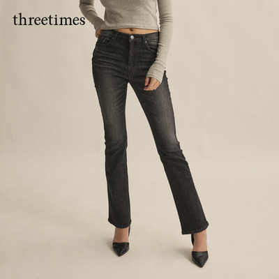 柳智敏同款threetimes女士高腰窄版牛仔裤2026微喇裤美式复古裤子