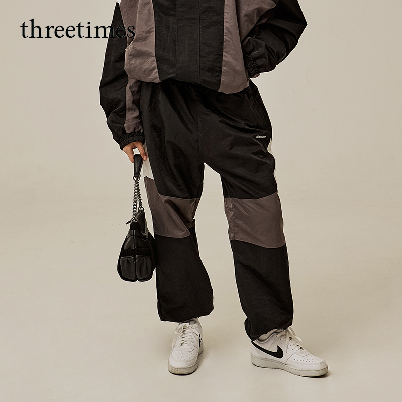 threetimes2025秋季男女同款美式复古休闲裤撞色拼接运动宽松长裤
