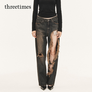 threetimes明星同款水洗直筒破洞牛仔裤女2025美式复古潮酷长裤子
