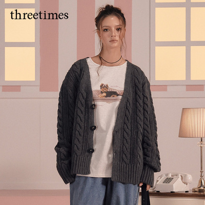 threetimes早春绞花针织开衫外套女2026新款韩系慵懒风麻花纹毛衣