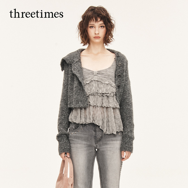 threetimes宣美明星同款2025秋冬复古翻领毛衣开衫外套女短款上衣