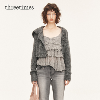 threetimes宣美蔡依林同款2026春复古翻领毛衣开衫外套女短款上衣
