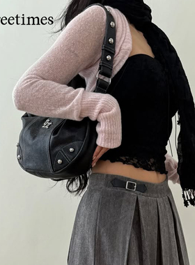 threetimes黑色铆钉月牙形腋下包2025通勤气质小众高级感饺子包潮