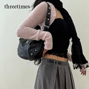 threetimes黑色铆钉月牙形腋下包2025通勤气质小众高级感饺子包潮