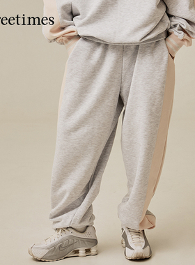 threetimes2026春秋男女情侣款美式运动休闲束脚卫裤撞色拼接裤子