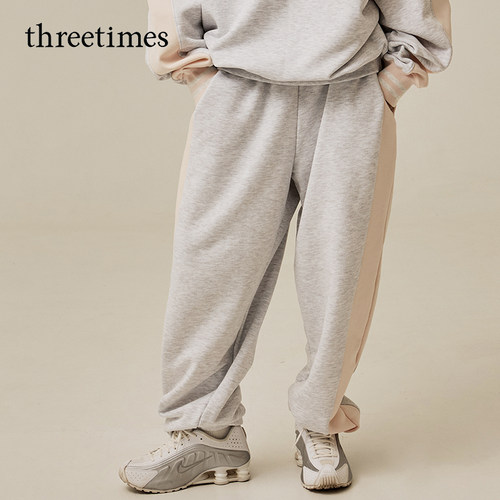 threetimes2026春秋男女情侣款美式运动休闲束脚卫裤撞色拼接裤子