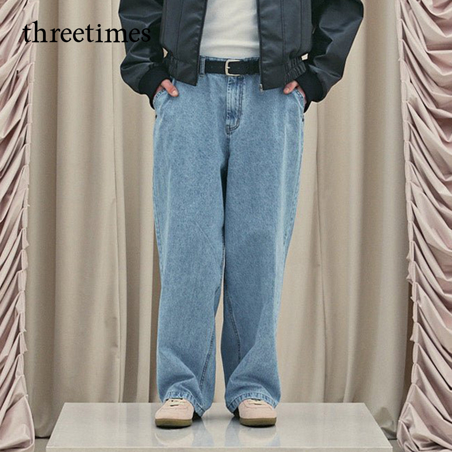 threetimes2026超火美式弯刀牛仔裤男女同款早秋宽松阔腿长裤图片