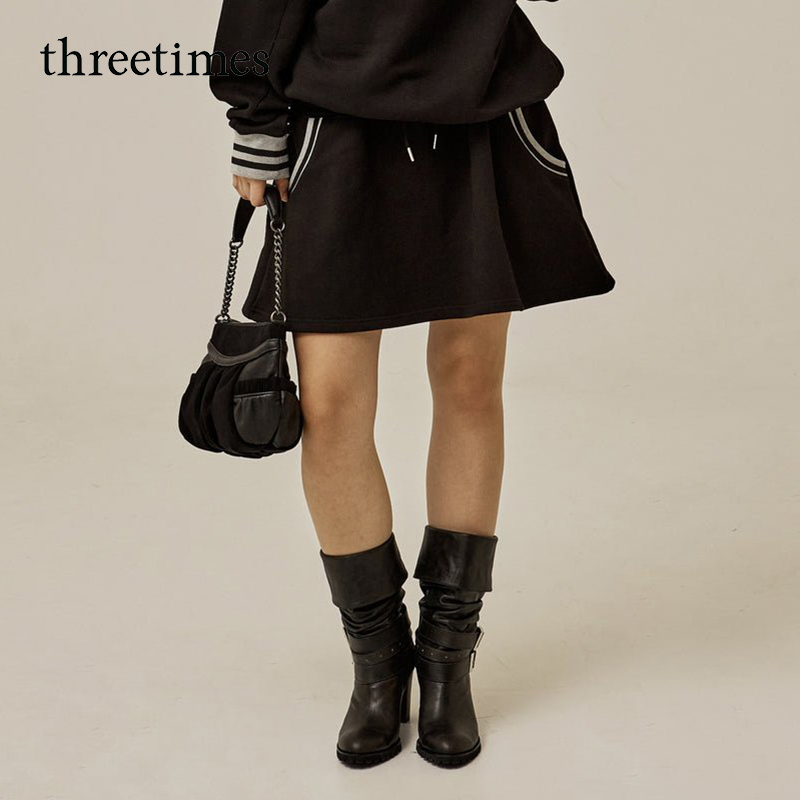 threetimes2025早秋韩系a字松紧腰卫裙半身裙女遮胯运动休闲短裙