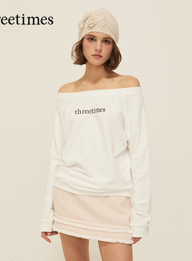 threetimes美式字母印花早秋一字肩薄款卫衣女宽松慵懒风长袖上衣