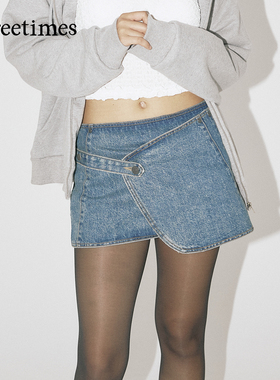 threetimes2026早春绝美复古牛仔a字半身裙女短款独特设计感短裙