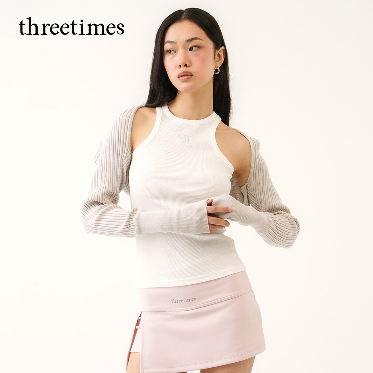 threetimes2026新款韩系修身针织开衫坎肩女秋长袖气质罩衫短上衣图片