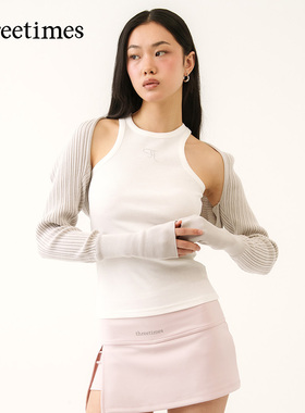 threetimes2026新款韩系修身针织开衫坎肩女春长袖气质罩衫短上衣