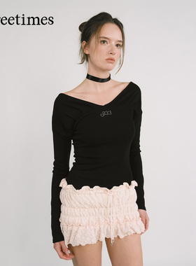 threetimes法式纯欲V领长袖T恤女2025新款设计感气质显瘦chic上衣