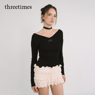 threetimes法式纯欲V领长袖T恤女2025新款设计感气质显瘦chic上衣