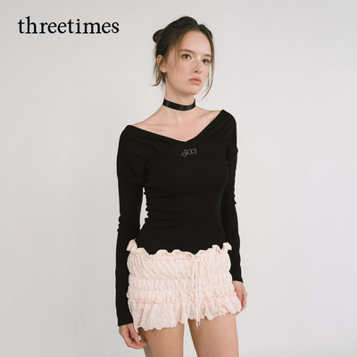 threetimes法式纯欲V领长袖T恤女2025新款设计感气质显瘦chic上衣