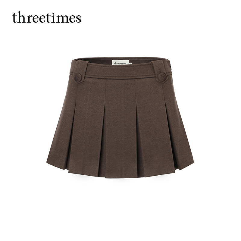 threetimes2025秋冬a字复古毛呢百褶半身裙短款小个子韩版短裙女