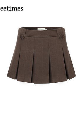 threetimes2026春秋a字复古毛呢百褶半身裙短款小个子韩版短裙女