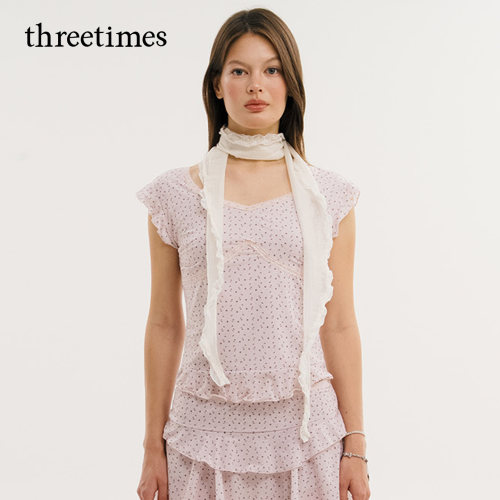 threetimes韩系碎花小飞袖上衣女夏2026新款蕾丝花边拼接短袖T恤