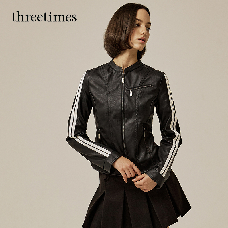 threetimes秋季修身立领机车仿皮衣夹克外套女正肩2025新款酷飒风