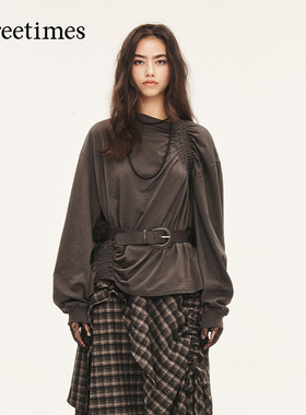 threetimes2026春季男女早秋美式慵懒风长袖t恤不规则设计感上衣