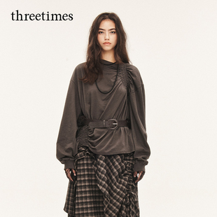 threetimes2025新款男女早秋美式慵懒风长袖t恤不规则设计感上衣