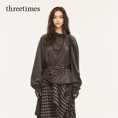 threetimes2026春季男女早秋美式慵懒风长袖t恤不规则设计感上衣