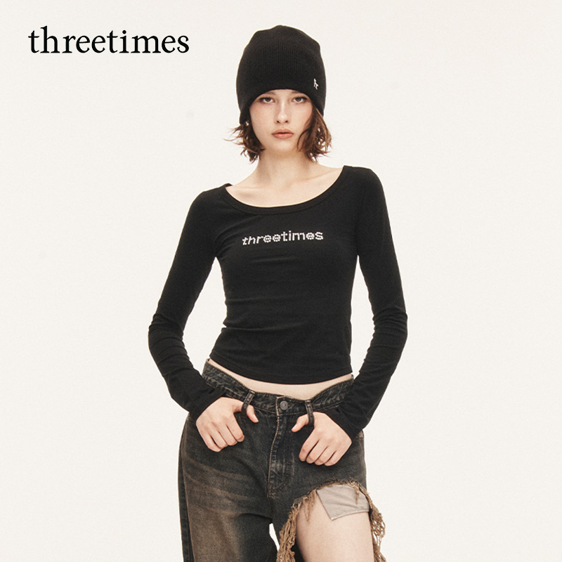threetimes早秋美式女款修身显瘦长袖t恤2025年新款打底衫短上衣
