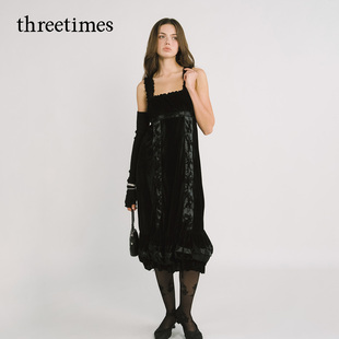 threetimes新款法式小资好看黑色吊带连衣裙女春长款轻奢优雅长裙