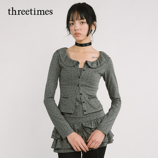 threetimes复古娃娃领碎花衬衫女2025新款洋气减龄长袖开衫短上衣