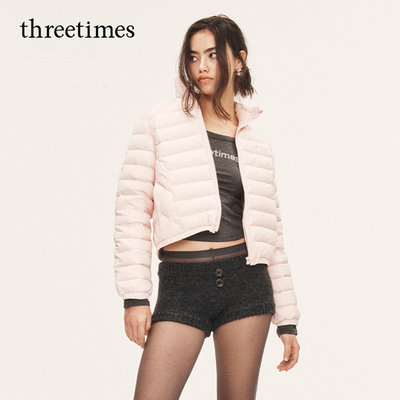 threetimes轻薄立领羽绒服女冬短款2025新款鸭绒保暖外套百搭