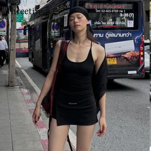threetimes2025辣妹风侧开叉a字包臀半身短裙女防走光假两件裙裤
