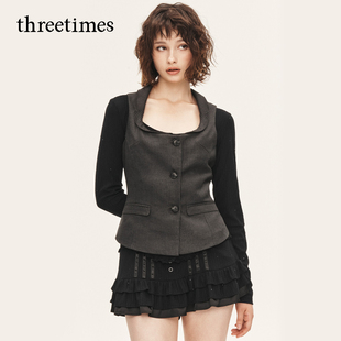 threetimes早秋气质叠穿背心西装马甲女2025新款无袖坎肩上衣外穿