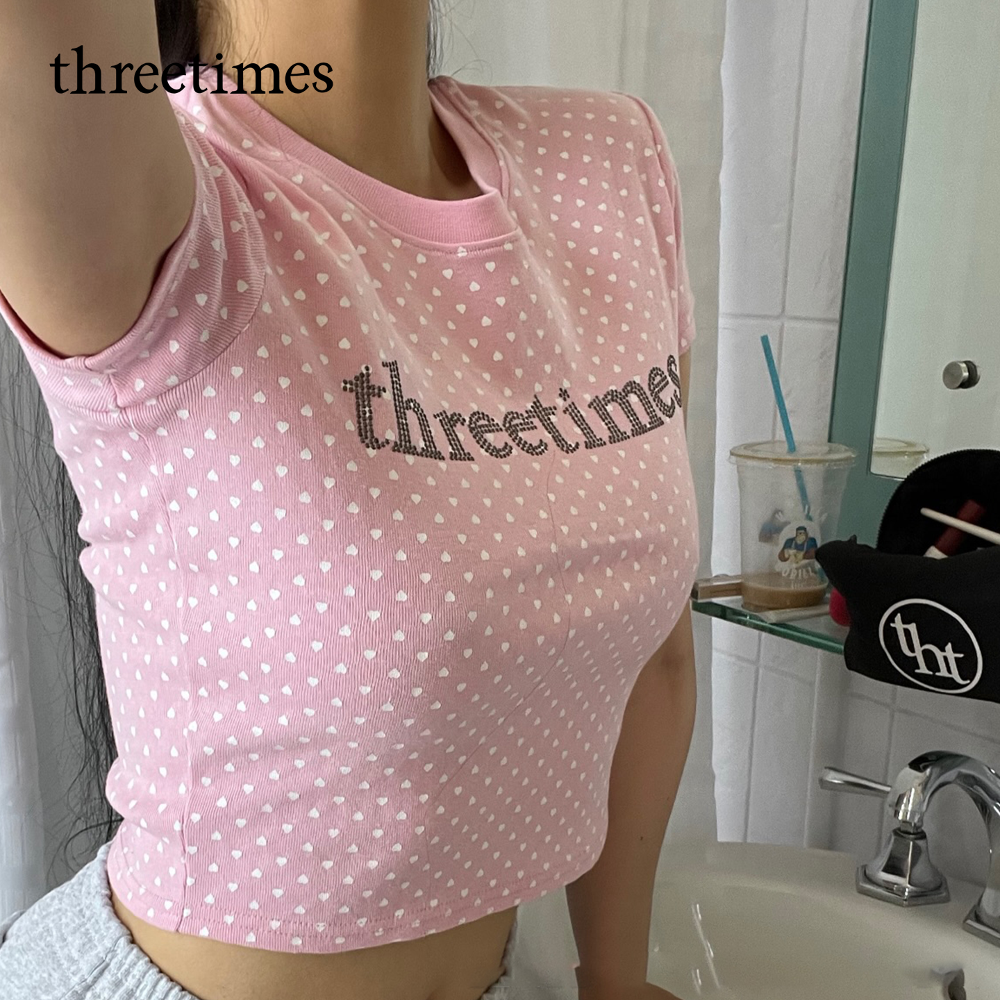 threetimes2025韩版粉色波点短袖T恤女甜辣修身显瘦露脐短上衣夏