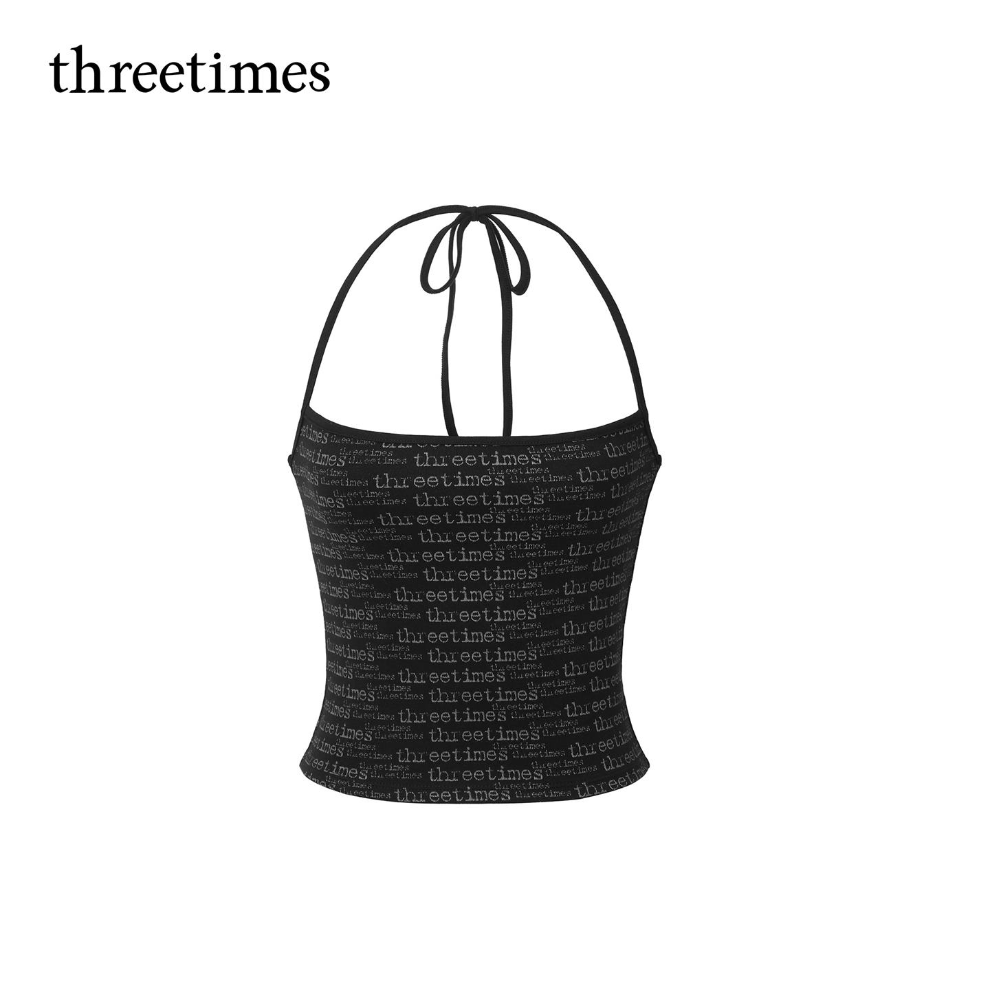 threetimes黑色字母印花吊带挂脖露肩上衣2025修身辣妹背心女内搭