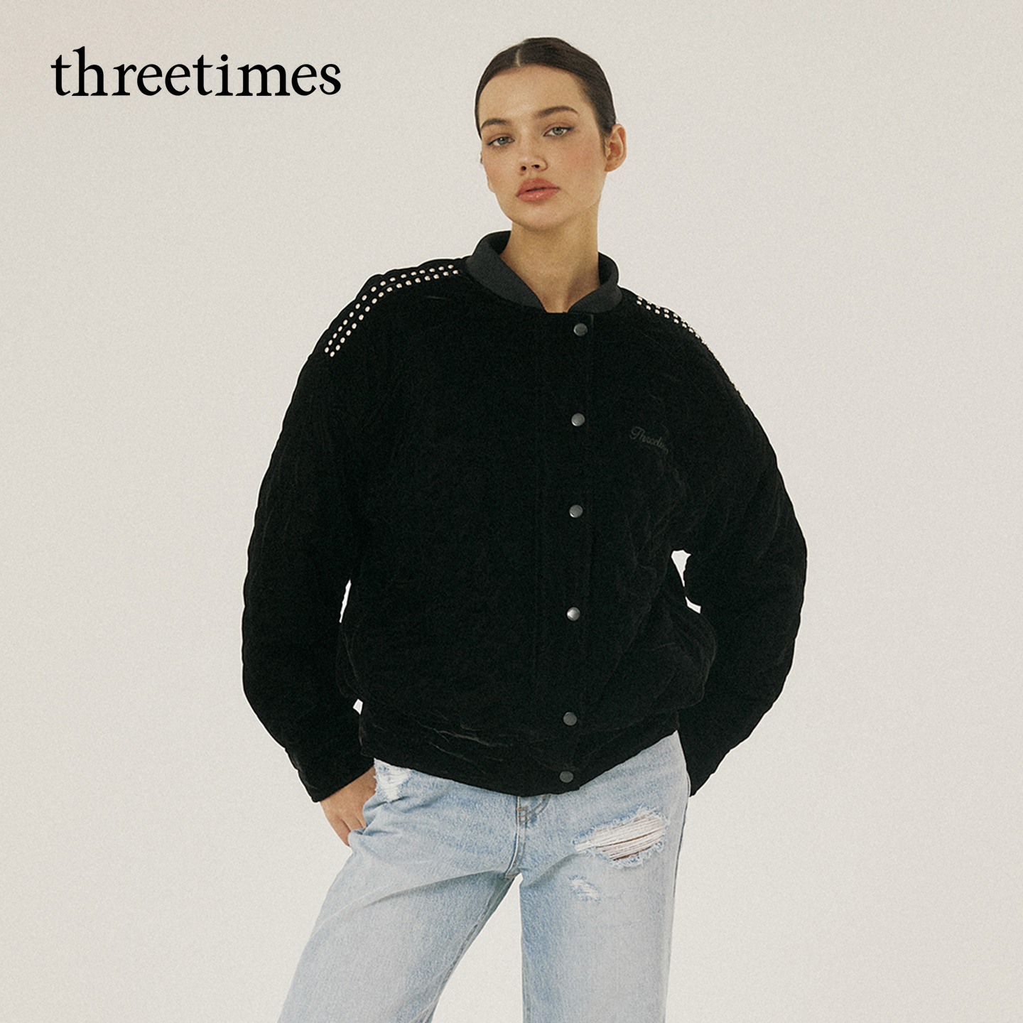 threetimes2025冬季美式独特黑色棉服夹克女宽松棒球服夹棉外套男