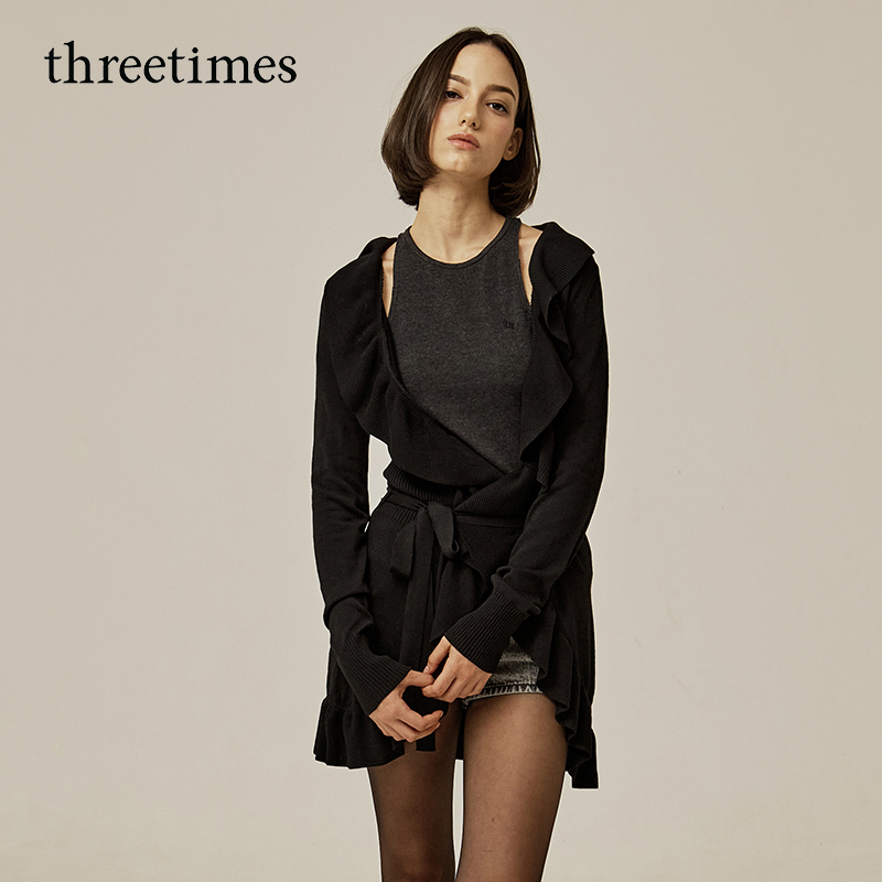 threetimes2025秋季新款针织衫小众设计感女款休闲时尚开衫长款