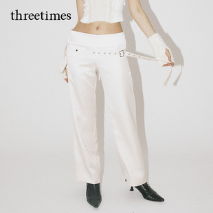 threetimes2026复古潮缎面垂感裤子腰带设计感窄版休闲直筒裤女春
