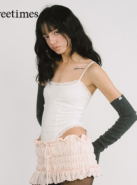 threetimes2026春夏蕾丝拼接吊带背心女设计感内搭纯欲小性感上衣