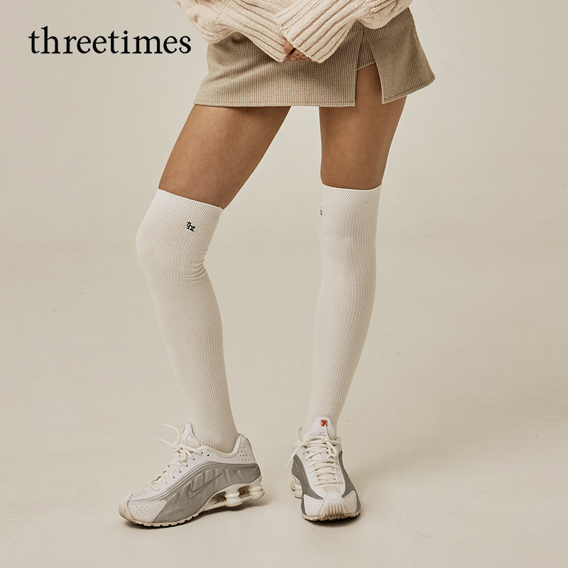 threetimes女长筒袜秋冬袜子白色韩系舒适休闲长袜百搭保暖时尚