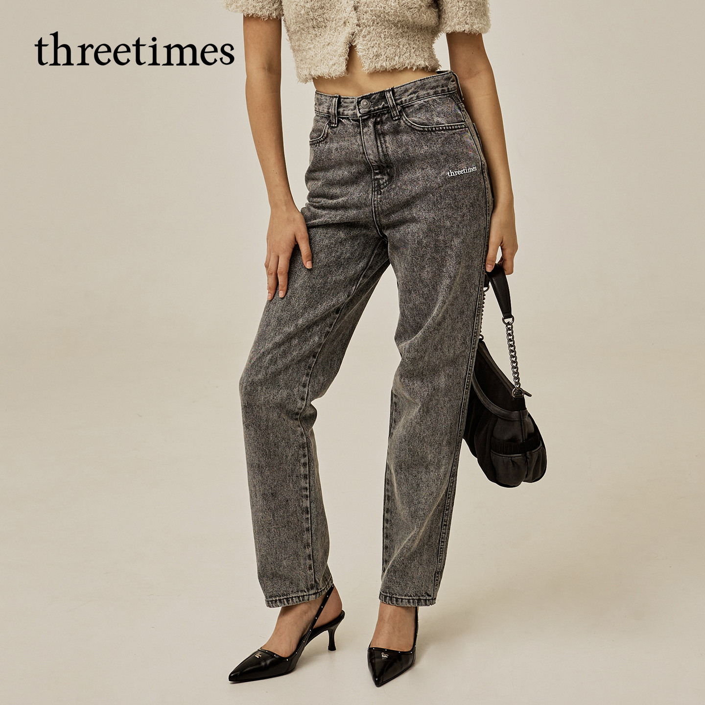 threetimes烟灰复古高腰窄版直筒牛仔裤女2025新款秋修身显瘦长裤