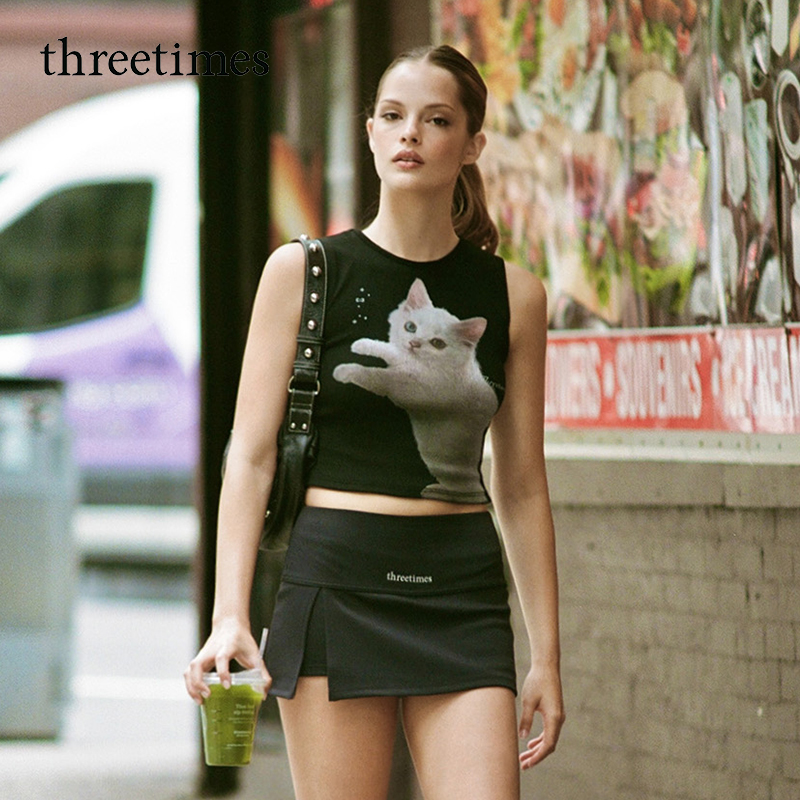 threetimes2025潮猫咪印花图案短款修身无袖上衣女夏美式辣妹背心