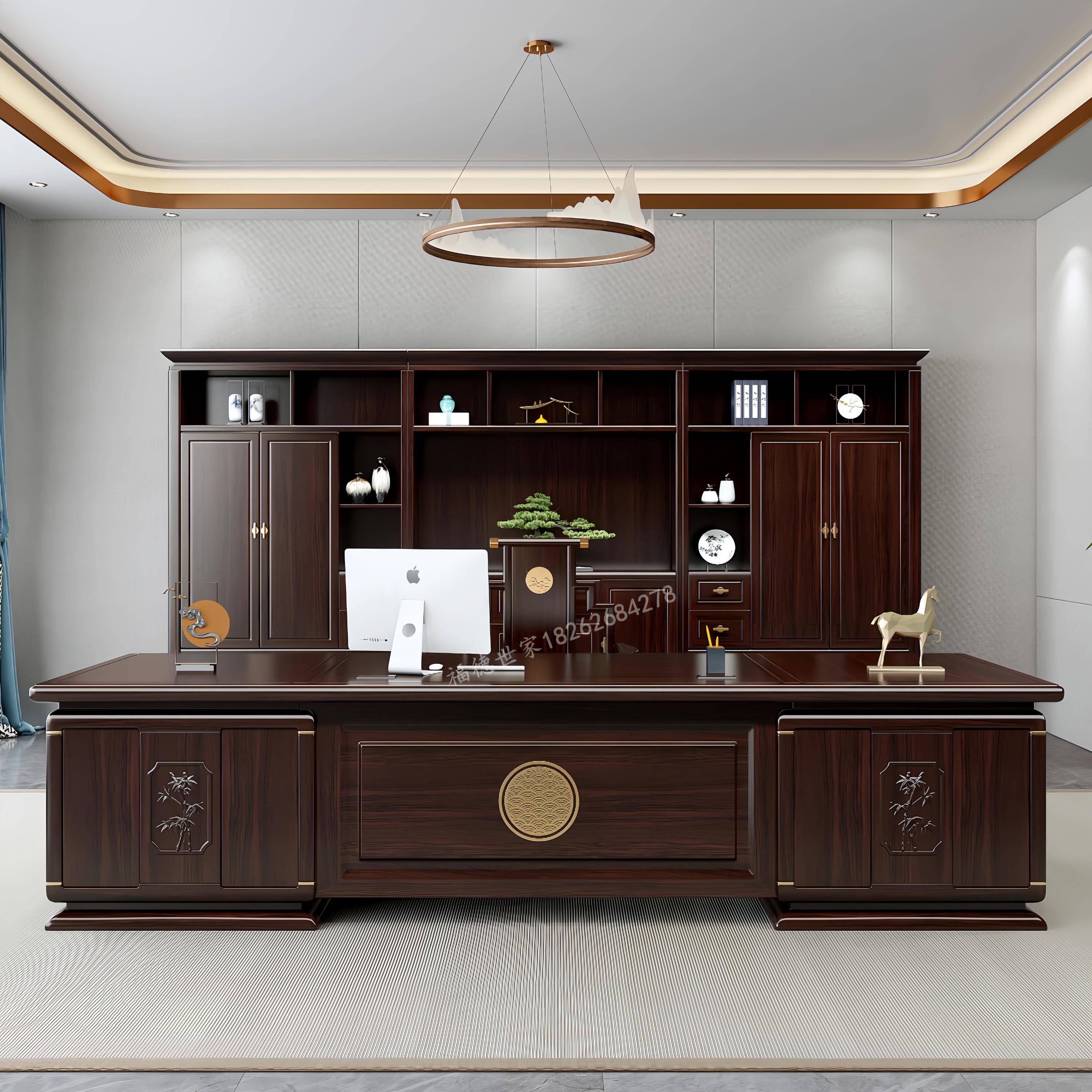 新中式实木办公桌老板桌大班台高档总经理董事长乌金木办公室书桌