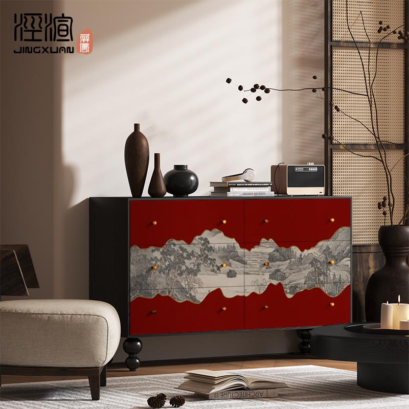 新中式中国风家用客厅收纳柜储藏实木玄关柜六斗柜卧室床尾置物柜