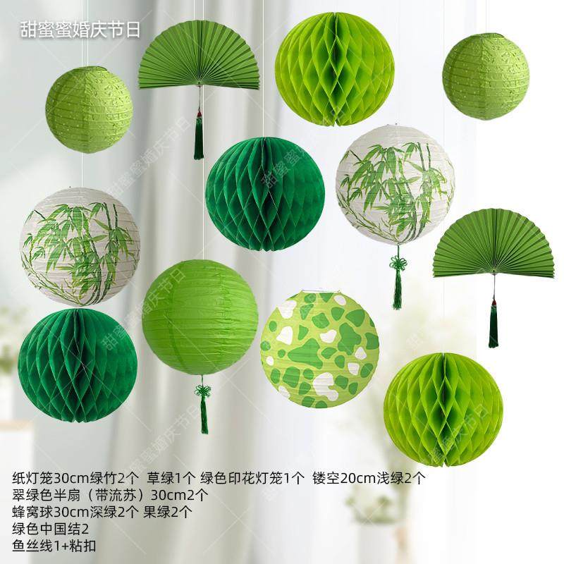 夏天绿色纸扇花橱窗吊顶挂件国潮吊饰纸扇灯笼墙面装饰中国风道具