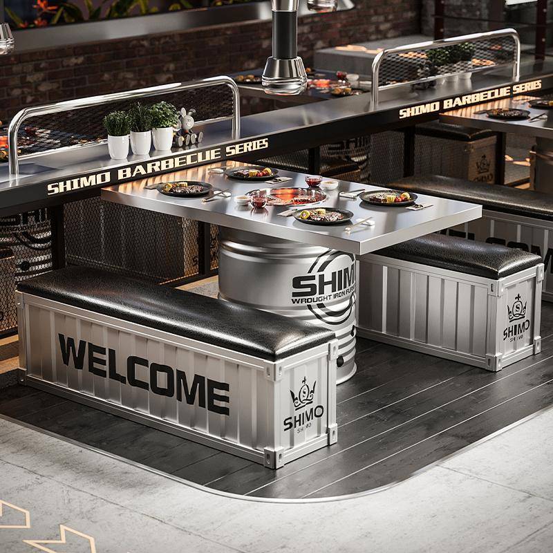 工业风不锈钢韩式烤肉桌火锅桌网红烧烤店餐饮店圆形油桶桌椅组合