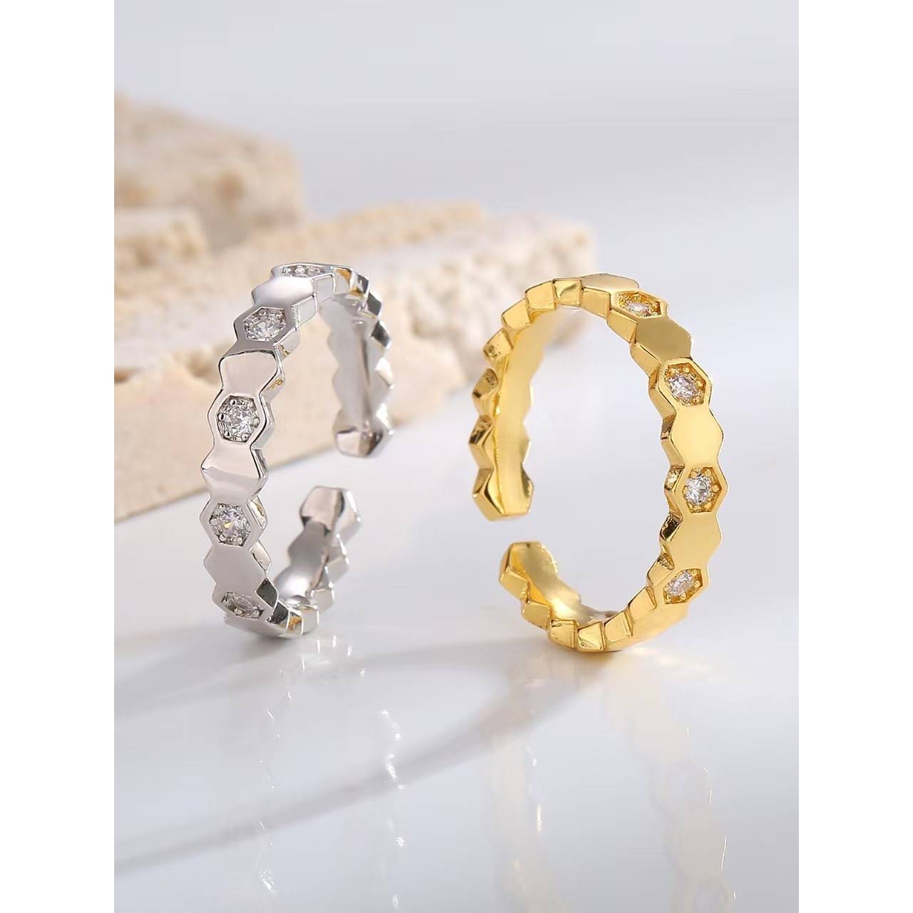 蜂巢戒指韩版时尚六边形指环高级感小众精致气质开口戒金属结构件