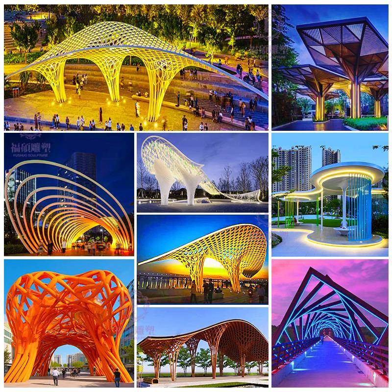不锈钢异形廊架雕塑定制金属异形钢结构抽象镂空树叶创意长廊景观