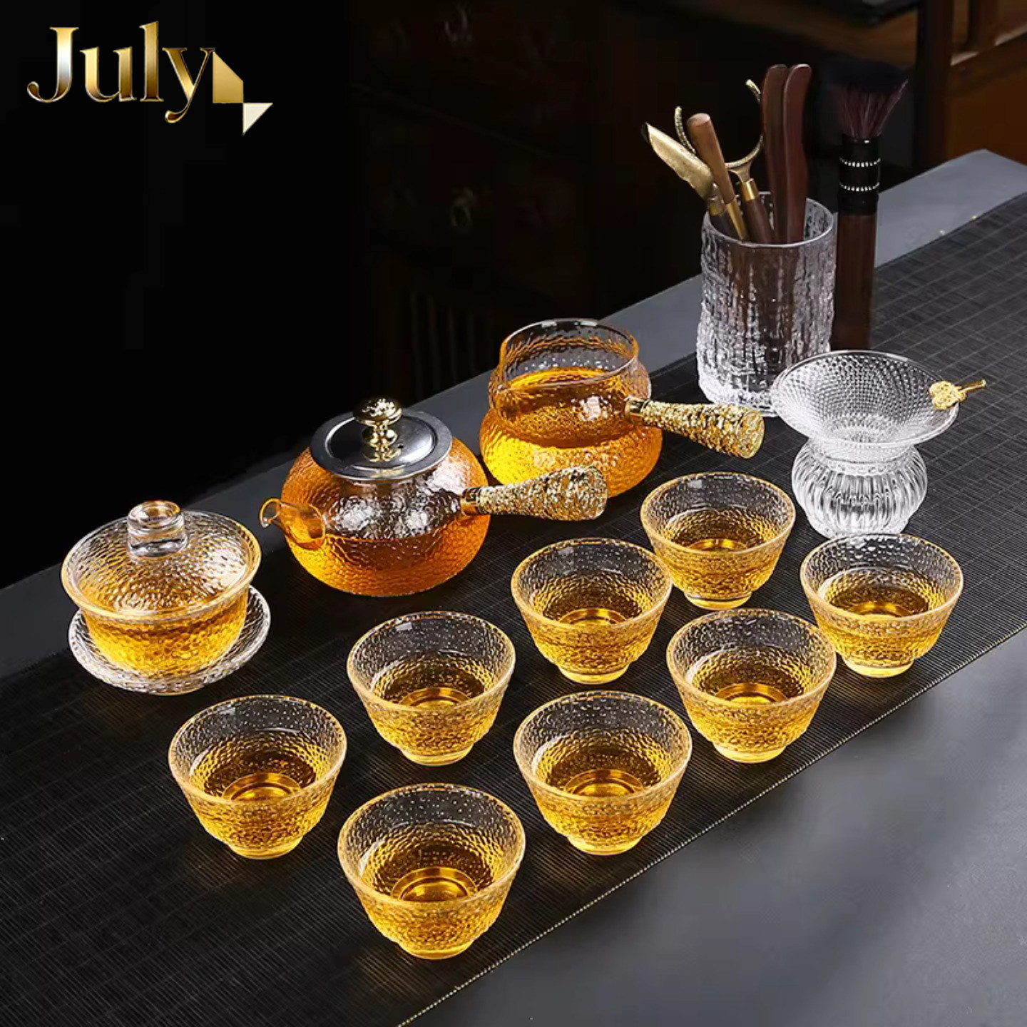 玻璃功夫茶具套组办公室家用六君子耐热锤纹侧把壶盖碗茶杯泡茶壶