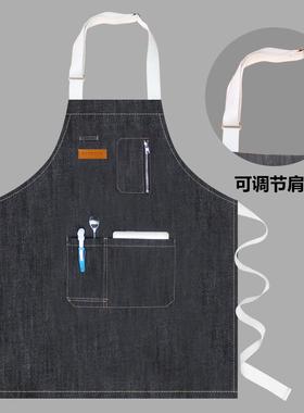 挂脖拉链款牛仔工作围裙厨房餐厅画画烘焙奶茶店男女围腰logo客订